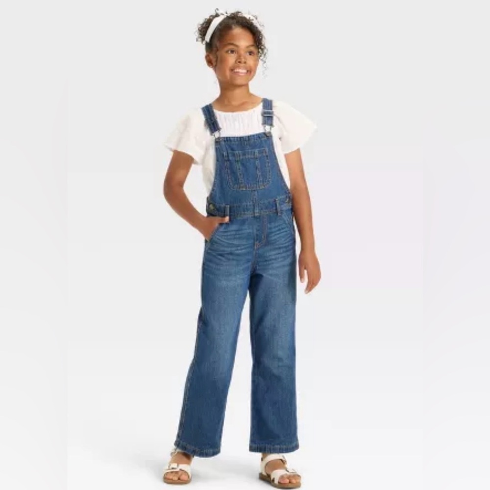 Cat & Jack Girls' dark blue wash denim overall coastal preppy  size L (10-12)